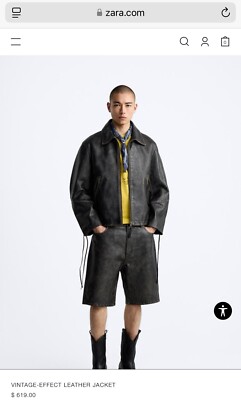 ZARA $619 Vintage Effect 100% Cow Leather Jacket Mens S/M Unisex
