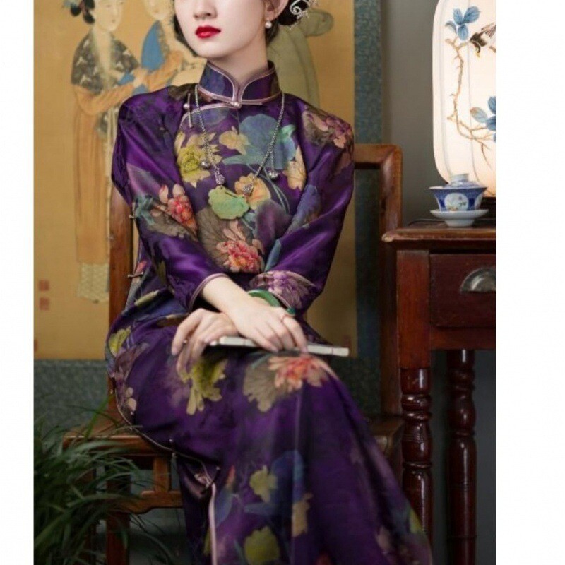 Summer New Chinese Style Dress Womens Qipao Purple Retro Printed Cheongsam  Dress | eBay