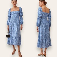 Reformation Mica Floral Print Midi Dress Long Sleeve Square Neck Blue 0 Women’s