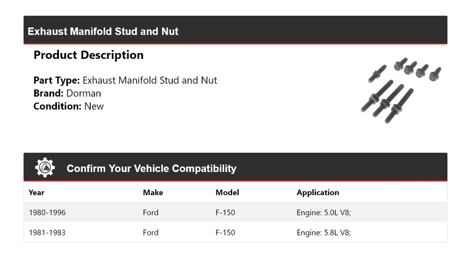 Para Ford F-150 Dorman 1980-1996 colector de escape perno y tuerca 1981 1982 1983 Foto 2 de 4