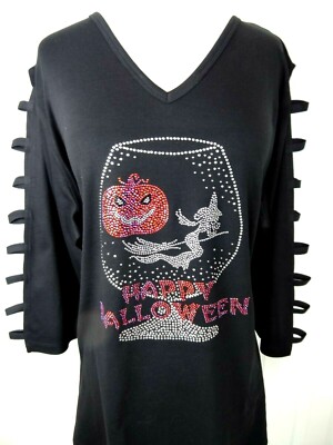S M L XL A-Line Tunic Top Rhinestone Halloween Witch Pumpkin Brandy Cocktail