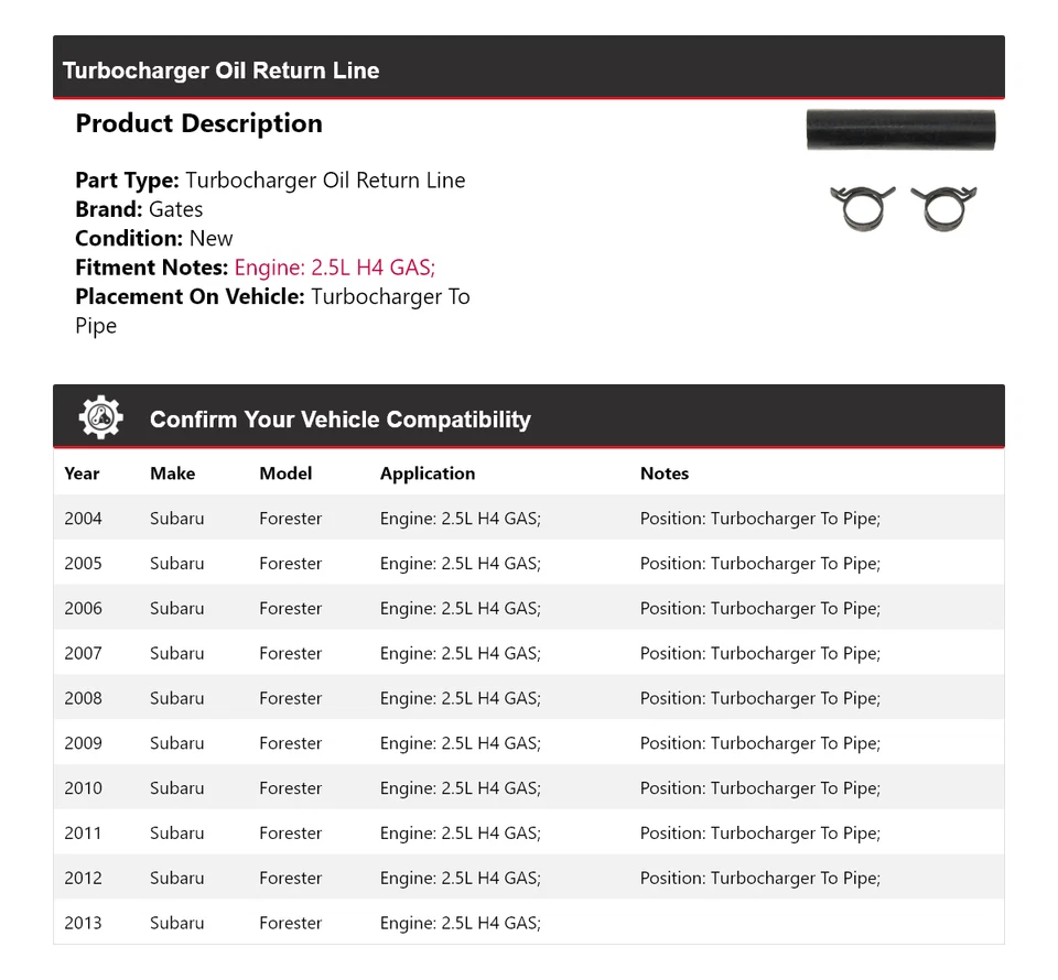 Para Subaru Forester 2004-2013 2,5 L H4 turbocompresor gas puertas de línea de retorno de aceite Foto 2 de 4
