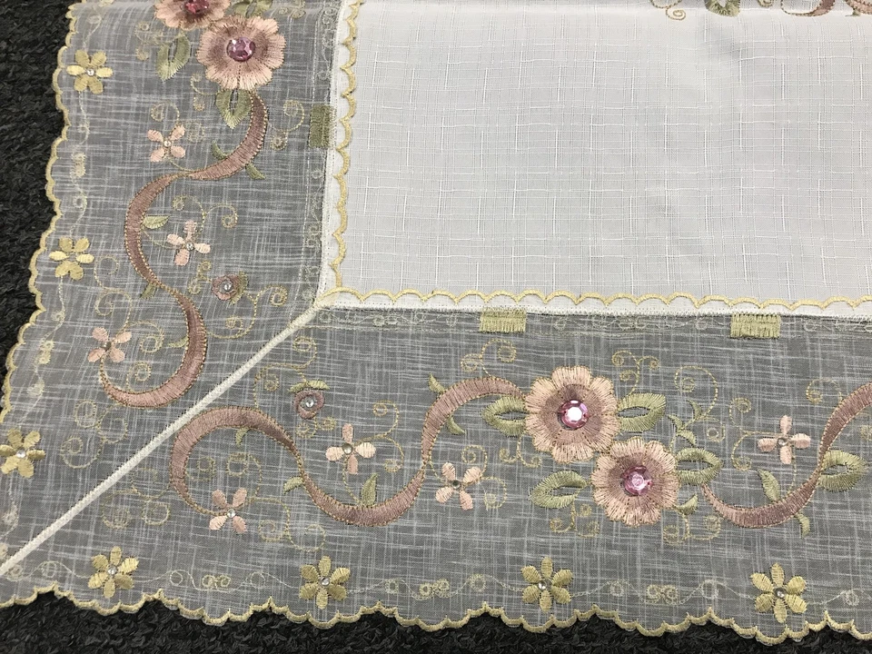 White Embroidery Pink Jeweled Rhine stone 33x33" Square Embroidered Tablecloth - Image 4 of 4