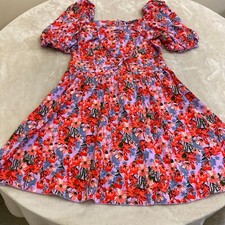 Shein Womens Multicolor Floral Puff Sleeve Lace Up Front Short Mini Dress Size M