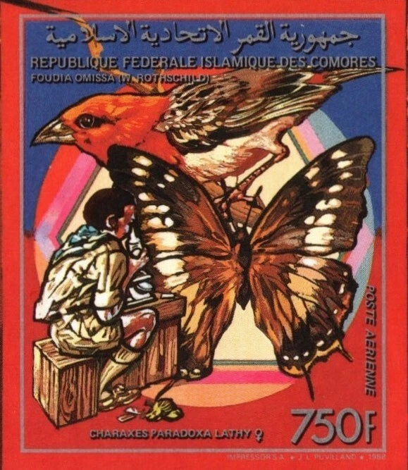 COMOROS 1989 BUTTERFLIES, SCOUTING, BIRDS NATURE SOUVENIR SHEET IMPERF MNH - Image 2 of 3