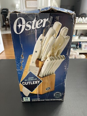 Oster Evansville 14 Piece Cutlery Knife Block Set, Stainless Steel w/Linen White