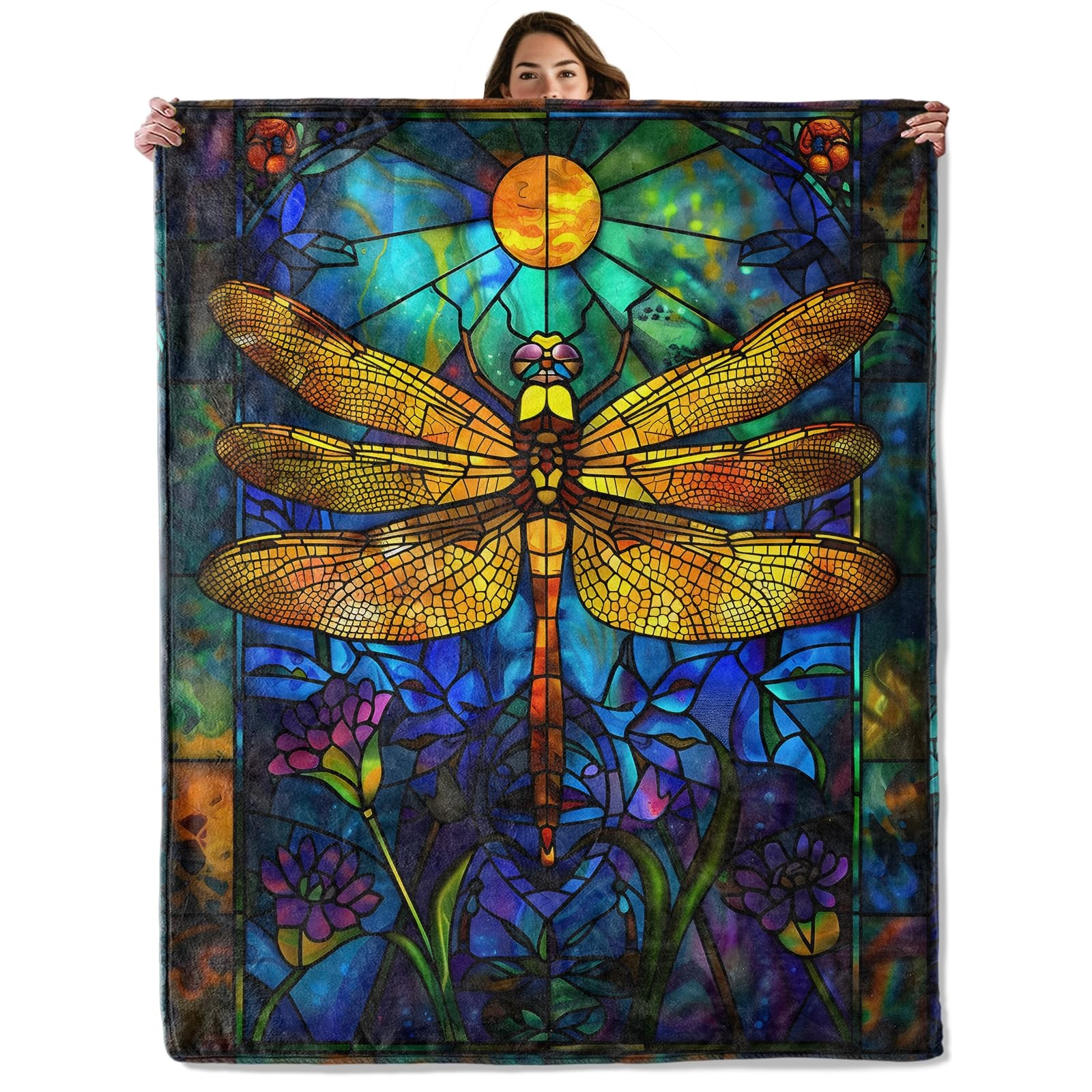 Stained Glass Dragonfly Throw Blanket for Boys Girls Kids Adults Women, Fuzzy...