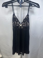 Victoria's Secret Black Lace Satin Chemise Slip Nightgown Medium Mini Dress Bow