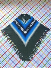 VTG 70s Ecuador Poncho Blue Green Striped Geometric Fringe Acrylic Shawl 37x37