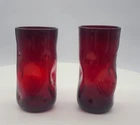 Vintage Blenko 418L Ruby Red Pinched Dimple Art Glass Tumblers 6.25" Pair
