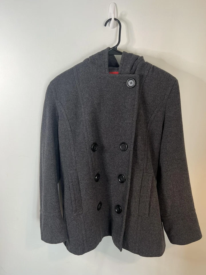 Abrigo Esprit Mujer Grande Gris Lana Con Capucha Chaquetón Doble Pecho Forrado con Cinturón Foto 2 de 4