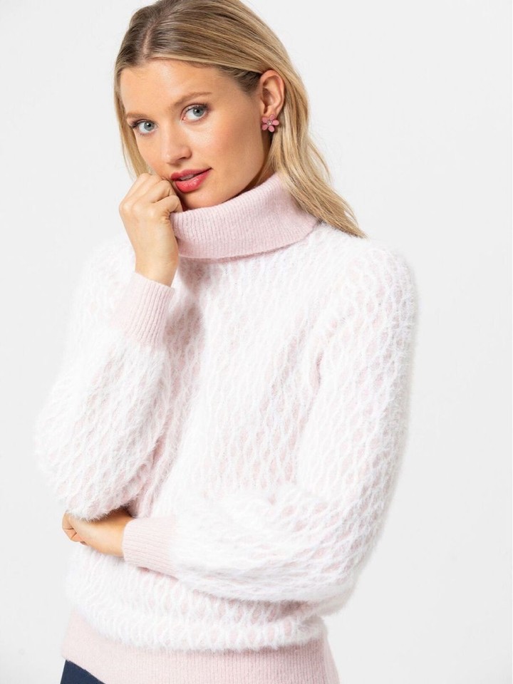 RRP $150 REVIEW Women's Georgine Fluffy Roll Neck Knit Jumper Size 12 Pink White