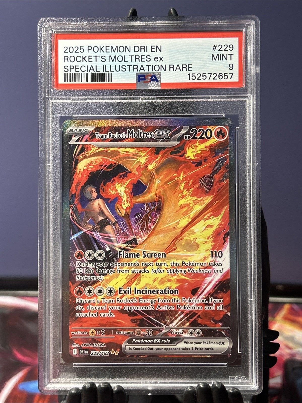 2025 POKEMON DRI EN-DESTINED RIVALS #229 TEAM ROCKET'S MOLTRES EX SIR PSA 9