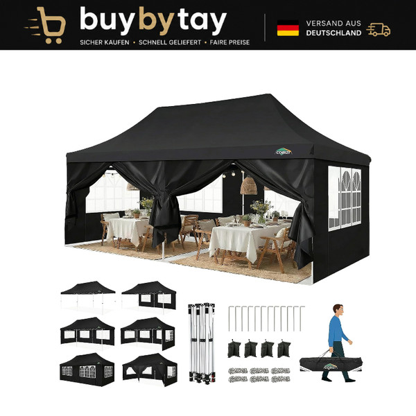 Faltpavillon 3X6M Wasserdicht Stabil Faltbar Mit 6 SeitenwäNden Schwarz-image