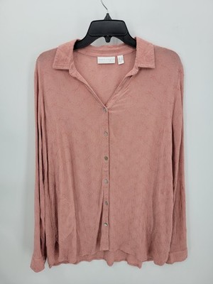 Susan Graver Pure Top Womens Medium Pink Embroidered Textured Button Up Blouse