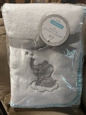 Petite L'Amour WHITE BABY BLANKET Gray Elephant Stars Teal Trim Plush BRAND NEW