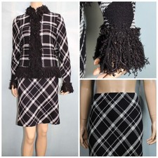 ST. JOHN Collection Black Blue Jacket Skirt L Sz 10 12 2pc Suit Silk Fringe Trim