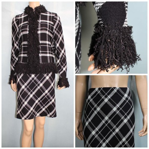 St. John, ST. JOHN Collection Black Blue Jacket Skirt L Sz 10 12 2pc Suit Silk Fringe Trim