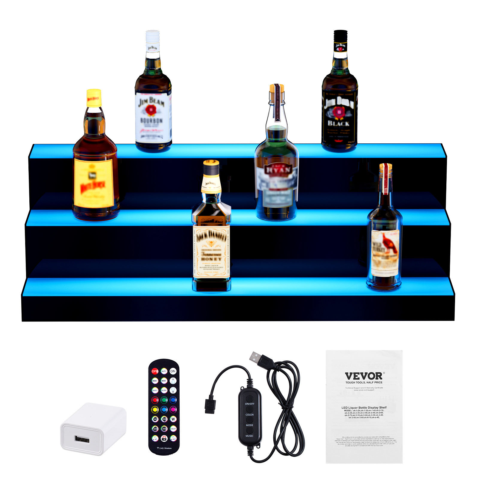 VEVOR LED Lighted Liquor Bottle Display Bar Shelf RF & App Control 30" 3-Step