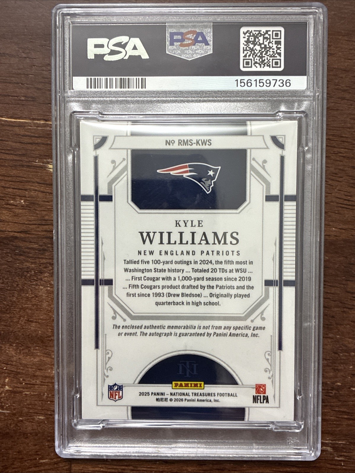 2025 National Treasures Kyle Williams Triple Nike Patch Auto 2/2 PSA 9 Patriots view 2