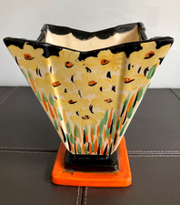 Myott 1930s Art Deco Square Vase Hand Painted In "Fish Scales" Stylised Design