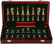 Luxury Metal Chess Set with Wooden Board, Gold and Silver Pieces, Folding Storag