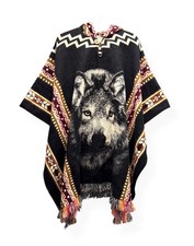 Wolf Black Alpaca Wool Hooded Poncho Gaban Serape Cowboy Native Lobo Solitario