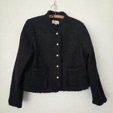 M&S Jacket Coat Womens Size 16 Black Boucle Tweed Blazer Smart Crop Gold Button