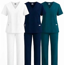 Women Medical Scrub Set V-Neck Top Straight Leg Pants Nurse Uniform S-XXL