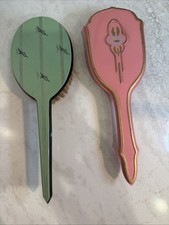 Vintage Art Deco Vanity Hairbrush Set Pink Green Boar Bristle Celluloid 1930s