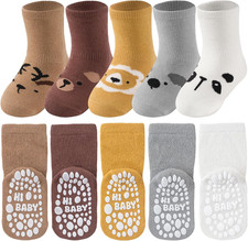 Toddler Socks with Grips, 5 Pairs Baby Grip Socks for Girls Boys, Cotton Blend