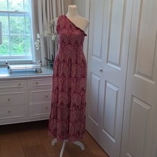 Knox Rose Womens Magenta/Beige Floral Print One-Shoulder Smocked Midi Dress SM