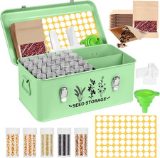 Seed Storage Box Organizer - Metal Garden Seed Storage Container Kit with 60 Via