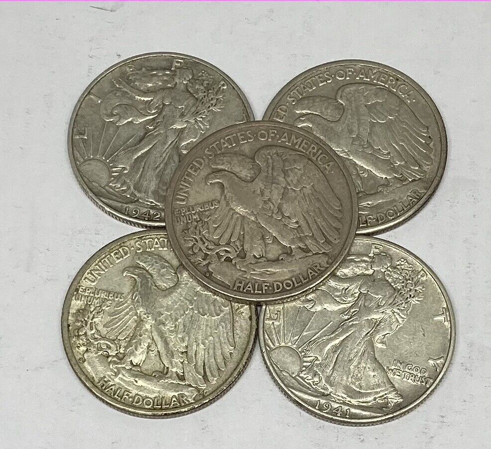 (5x) 1940-1947 XF Walking Liberty Coin 90% Silver Half Dollar -