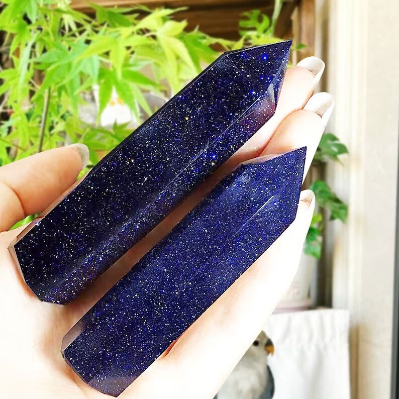 Blue Goldstone Natural Crystal Wand Obelisk Reiki Tower Point Home