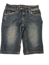 YMI Girls Blue Denim Shorts Sz 10 Bermuda Length Embroidered Button Flap Pockets