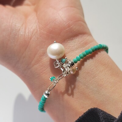 Bracelet Argent 925 Turquoise Et Perle De Culture - Fait Main, Pierre Naturelle, Marque Rosemimosa, Neuf Avec étiquettes