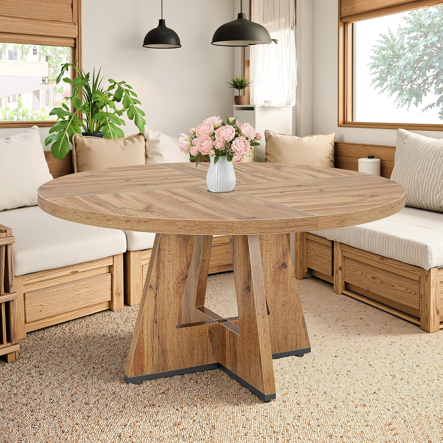 Round Dining Table for 4, 47" Wooden Kitchen Dinner Table Rustic, Farmhouse Tabl