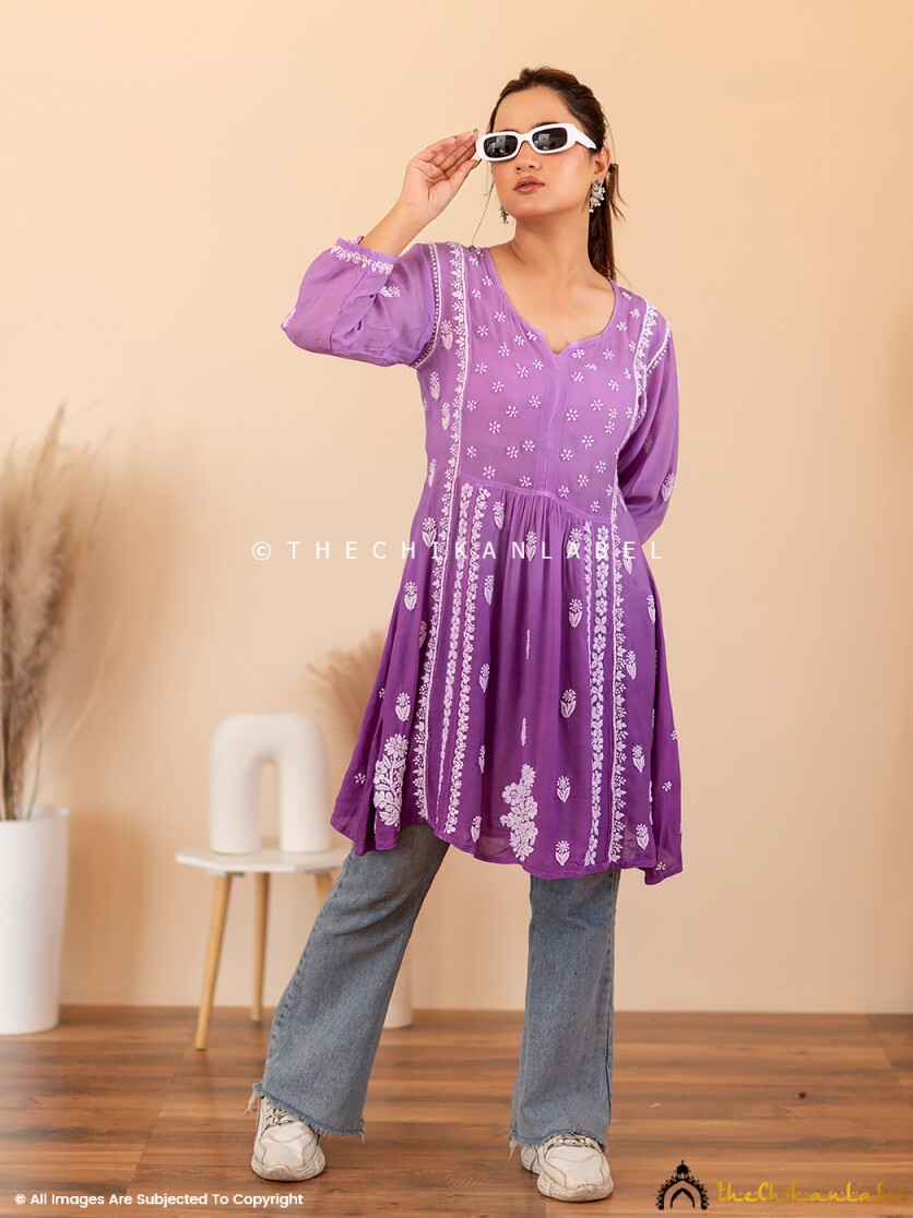 Purple Crepe A-Line Chikankari Peplum Top Lucknow Chikankari Handmade Tunic  Top