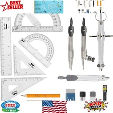 Versatile 15 Piece Geometry Set - Includes Protractor, Ruler, Compasses More