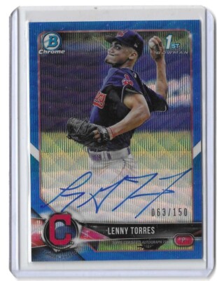 2018 Bowman Draft Lenny Torres Chrome Blue Wave Refractor Auto # 63/150 Indians