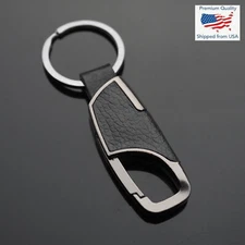 Men's Women's Gun Metal Black & Leather Clip Keychain Car Key Ring Fob Holder 