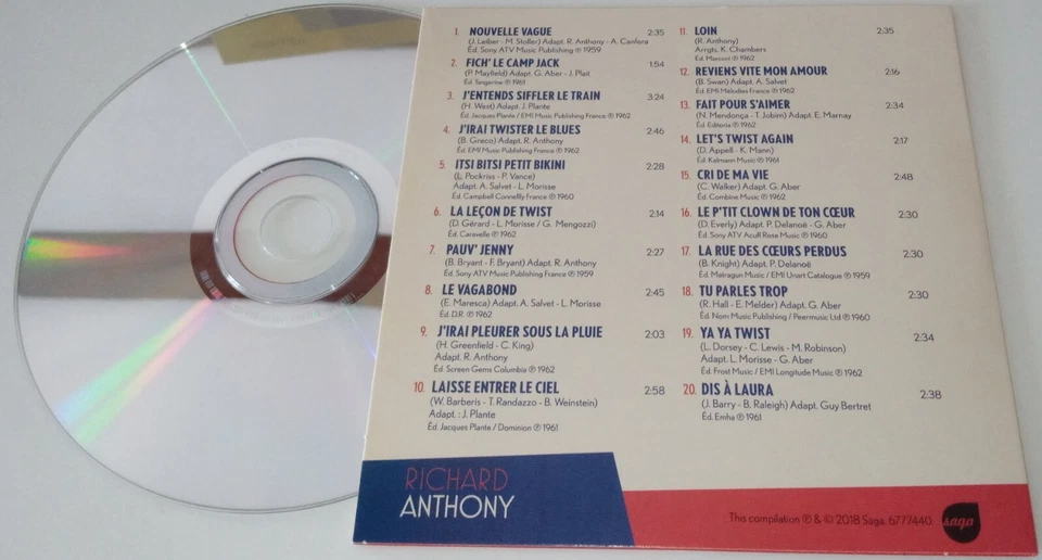 RICHARD ANTHONY CD ORIGINAL 20 TITRES POCHETTE SINGLE EN CARTON - Photo 2/2