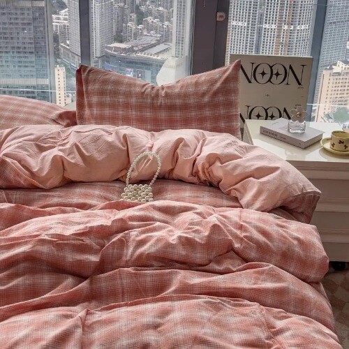Bedding Sets Plaid Solid Color Washed Cotton Soft Bed Sheet Bed Cover Pillowcase - Photo 8 sur 38