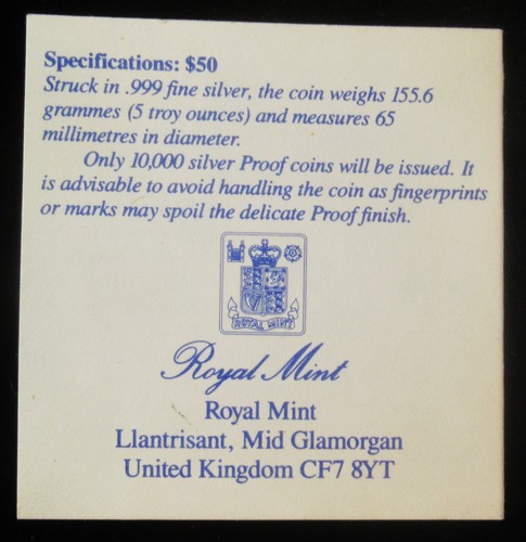 Pitcairn Isole : 1989 5 Oncia .999 Argento Fine 50 Dollaro Bounty Gemma Prova - Zdjęcie 5 z 6