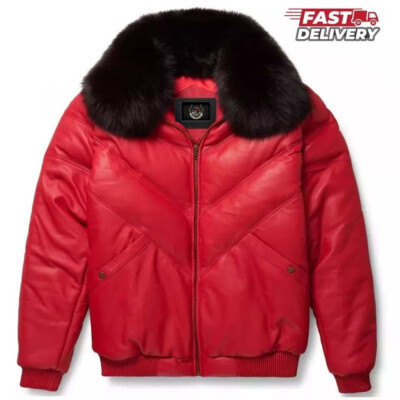 Herren Leder V-Bomber Puffer Jacke mit doppelter Gänsedaunen Isolierung, Fuch...