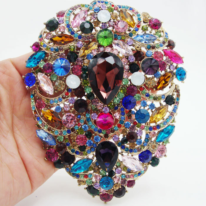 4.92 Inch Large Multi-Color Rhinestone Crystal Flower Drop Brooch Pin