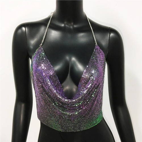 Metall Pailletten Neckholder Damen sexy V-Ausschnitt rückenlose Kette Tauchtank Weste kurzes Oberteil - Bild 21 von 27