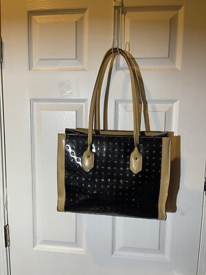 Arcadia Patent Leather Black And Khaki Leather Trim And Straps Shoulder Bag