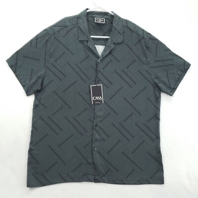 NEW Casa Moda Couture Shirt Mens Large Gray Black Short Sleeve Camp Button-Up